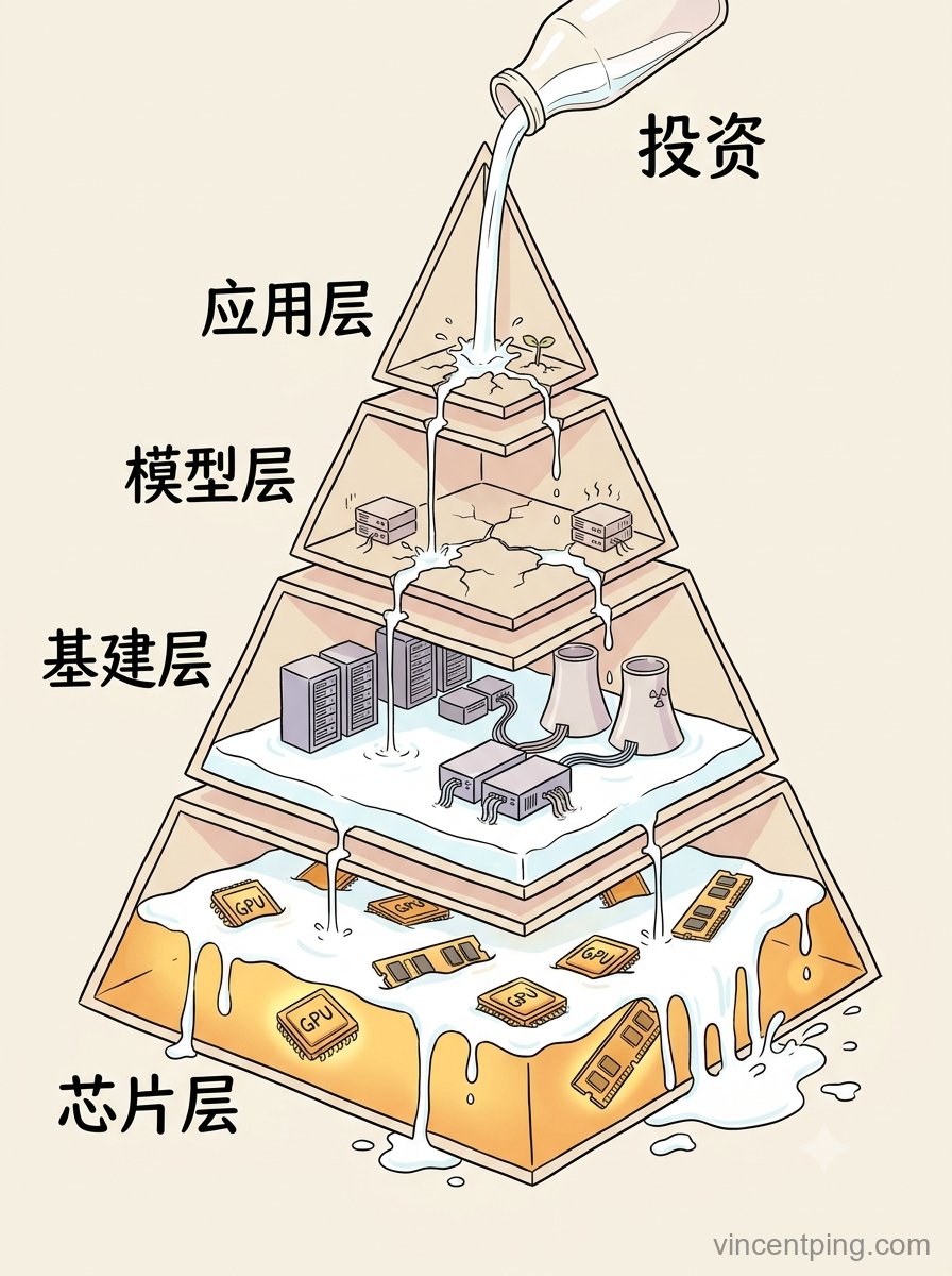 AI 产业金字塔:投资像奶一样从顶部倒入,一层层漏下去,芯片层满溢,基建层只接到一点,模型层和应用层几乎滴水未沾